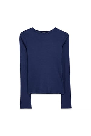 Navy Round Neck Rib Long Sleeve Top