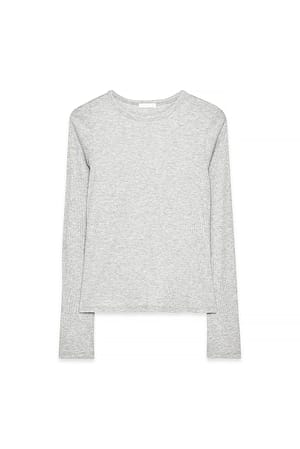 Light Grey Melange Langärmeliges Ripp-Oberteil mit Rundhalsausschnitt