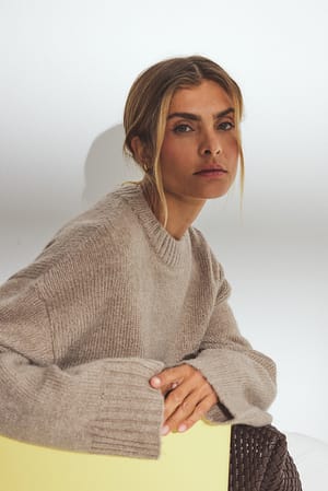 Beige Melange Round Neck Wool Blend Knitted Sweater