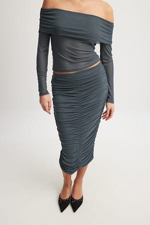 Ruched Mesh Midi Skirt