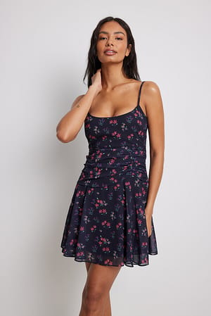Black Flower Print Ruched Waist Detail Mini Dress