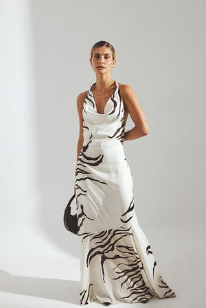Animal Print Satin Halterneck Maxi Dress