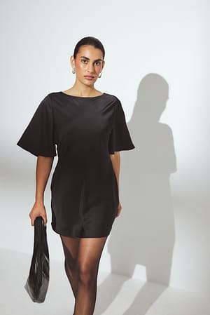 Black Satin Open Back Short Sleeve Mini Dress