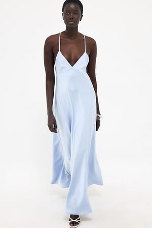 Light Blue Satin Tie Back Volume Dress