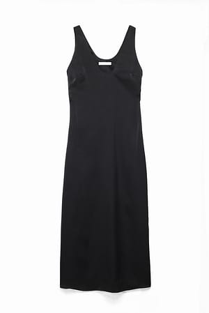 Black Scooped Neck Satin Maxi Dress