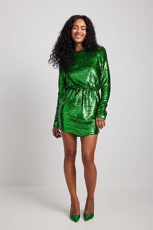 Dark Green Sequin Detail Deep Back Mini Dress