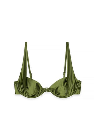 Green Shiny Cups Detail Bikini Top
