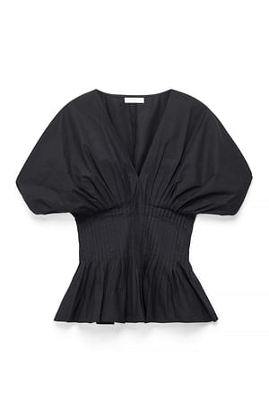 Black Kortärmad blus med strykveck