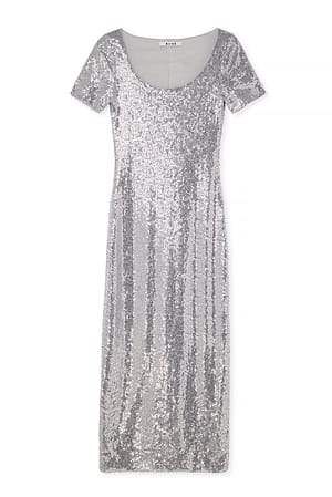 Silver Short Sleeve Sequin Midi Dress