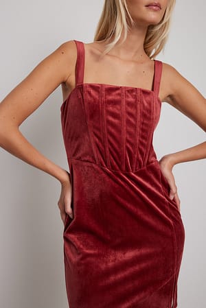 Wine Red Samt-Minikleid mit details am Rock