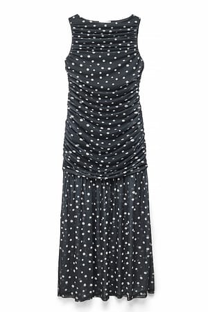 Black/White dots Ärmlös draperad midiklänning