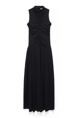 Black Sleeveless Rouched Midi Dress