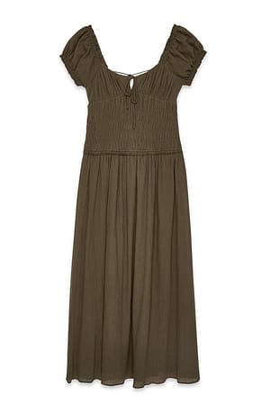 Khaki Kortærmet maxikjole med smock