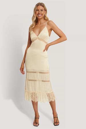 Eggshell Lace Blocking Midi Dress