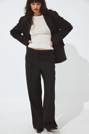Grey Stripe Straight Low Waist Structured Suit Pants