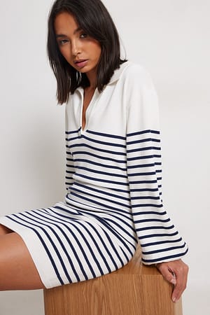 Navy Striped Collar Knitted Midi Dress