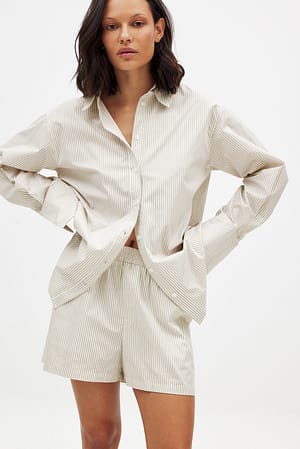 Beige/White Gestreepte katoenen korte broek met elastische taille