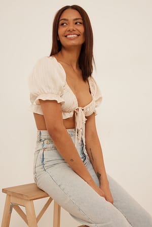 Beige Striped Satin Tie Front Top