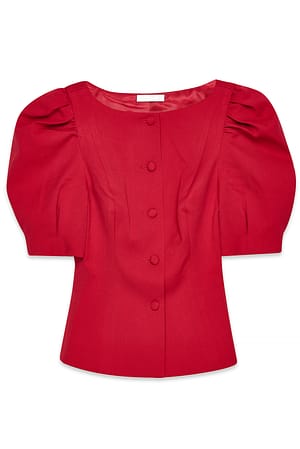 Red Tailored Puff Sleeve Blouse