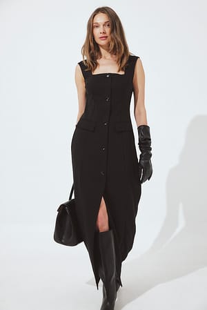Black Tailored Square Neck Midi Dress