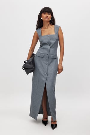 Blue Grey Tailored Square Neck Maxi Dress