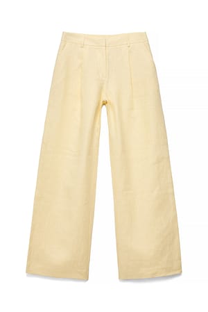 Light Yellow Figursyede hvide bukser i hør med vide ben