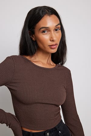 Chocolate Brown Getextureerde jerseytop met lange mouwen