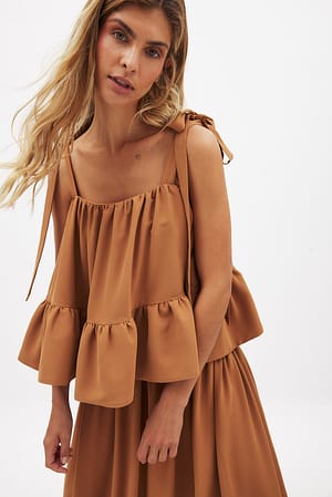 Brown Tie Shoulder Ruffle Top