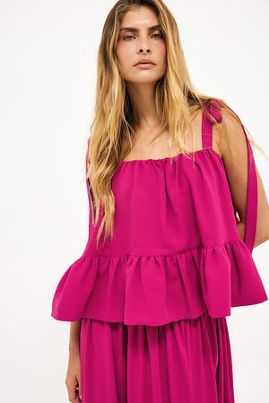 Fuchsia Pink Tie Shoulder Ruffle Top