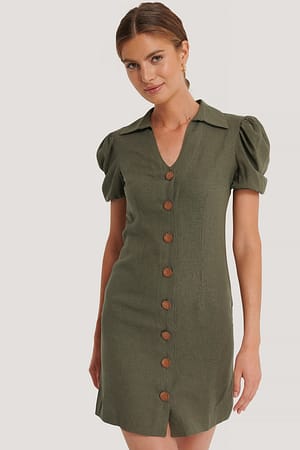 Khaki Button Detailed Mini Dress