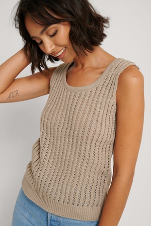 Light Beige Geripptes Strick-Singlet