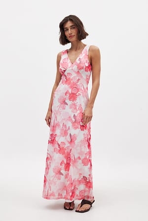 Pink Print Maxikleid aus Mesh mit V-Ausschnitt