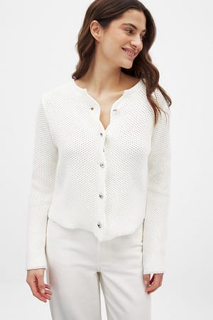 White Wavy Edge Knitted Cardigan