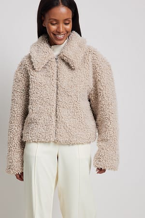 Beige Zip Teddy Jacket