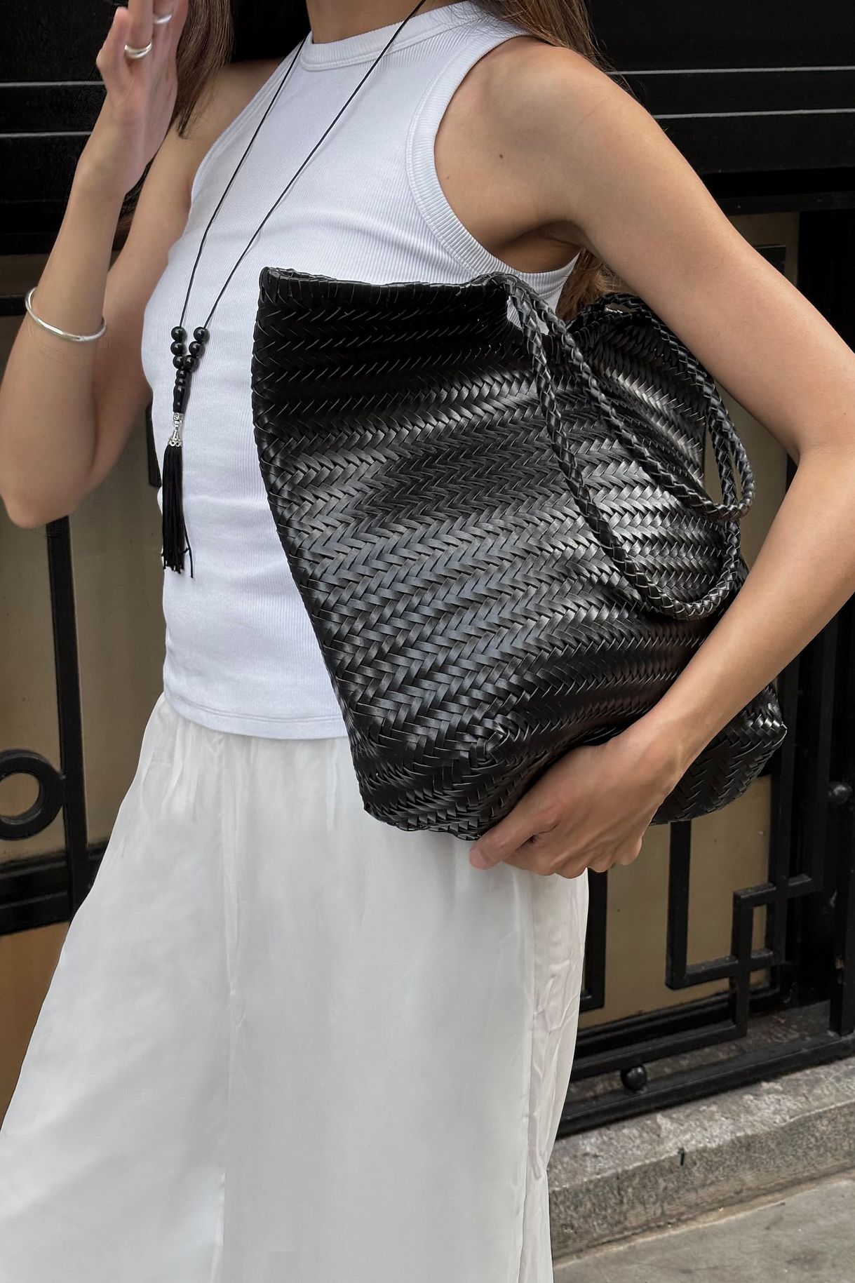 Black Woven Leather Tote Bag