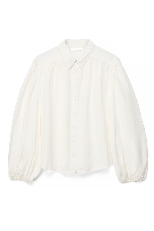 White Camisa de mezcla de lino con mangas abullonadas