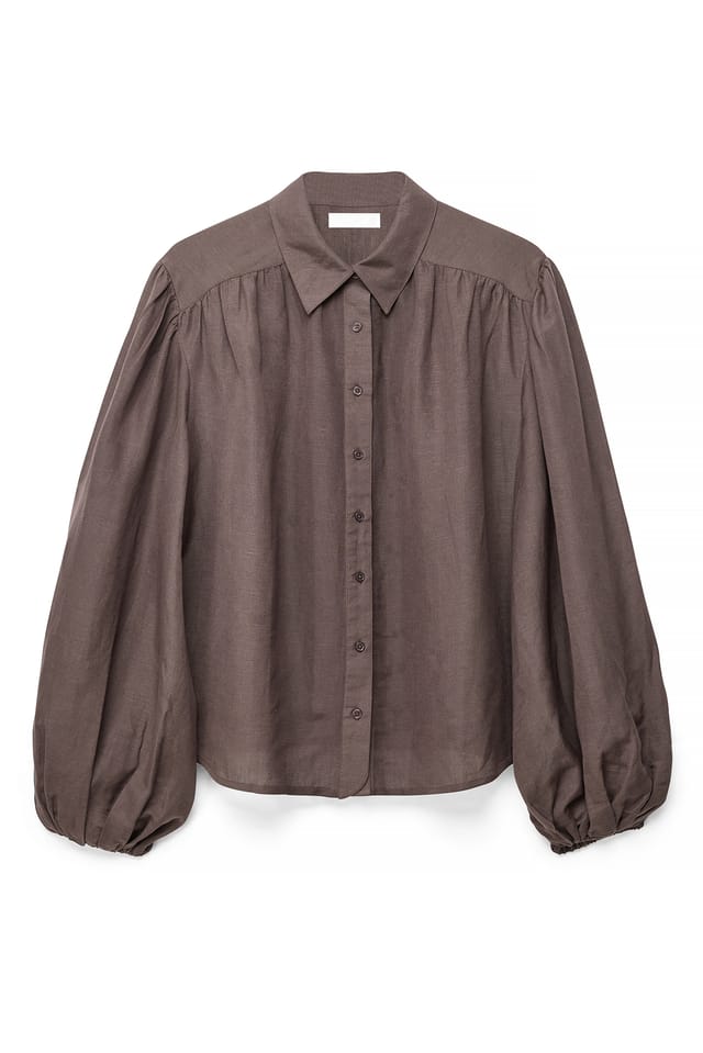 Dark Brown Camisa de mezcla de lino con mangas abullonadas