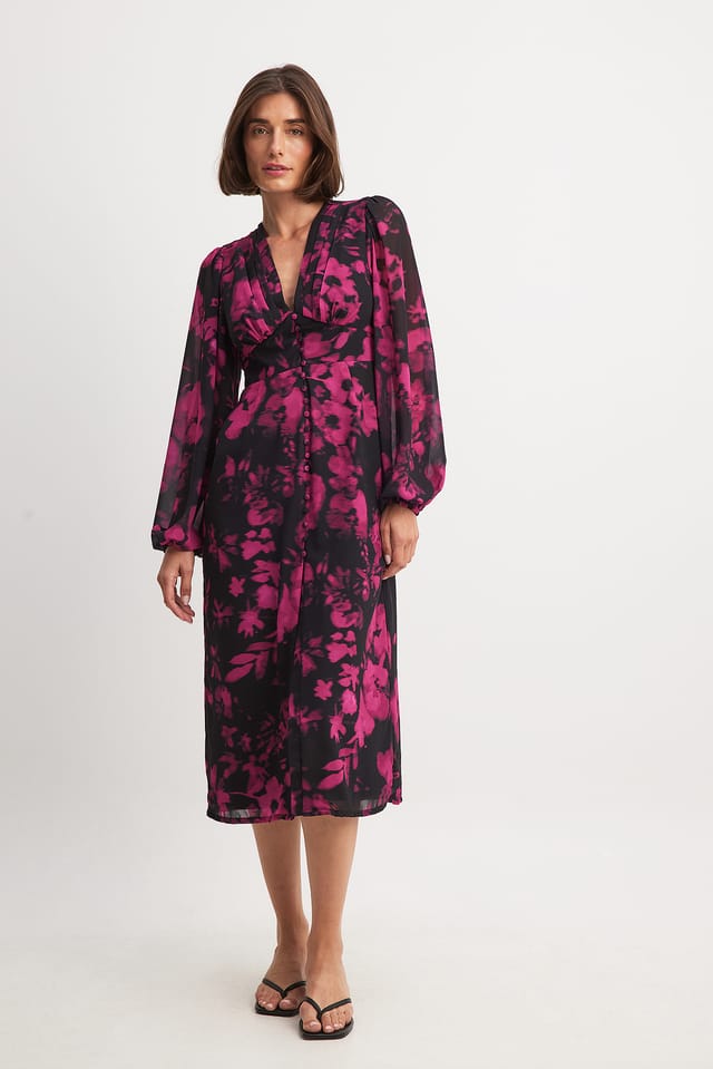 Pink Floral Midikleid mit Knöpfen vorne