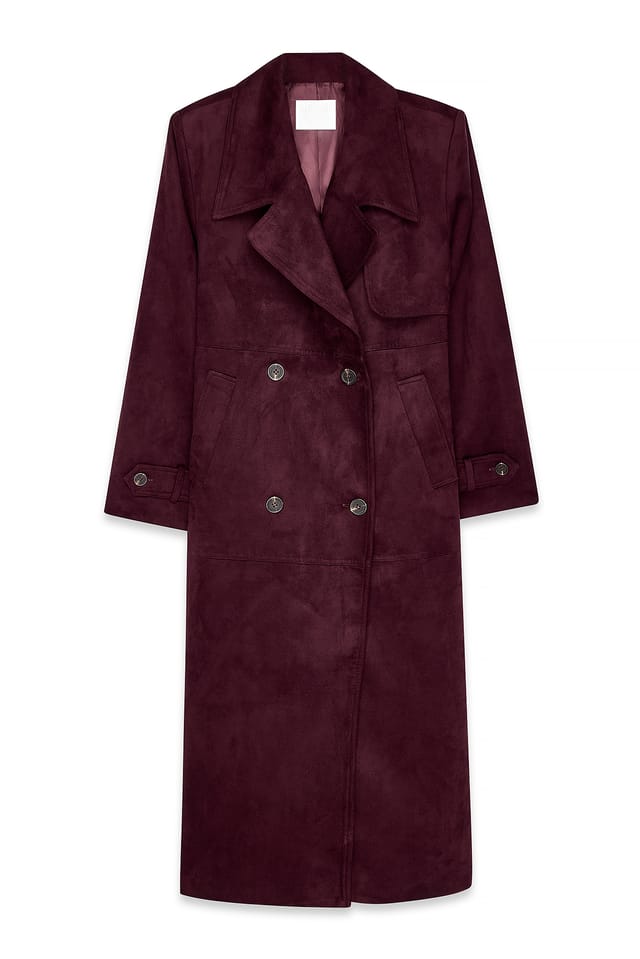Burgundy Faux Suede Oversized Trenchcoat