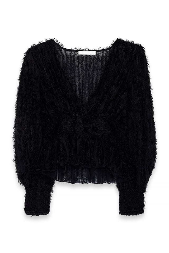Black Recycled LS blus med fransar och smock