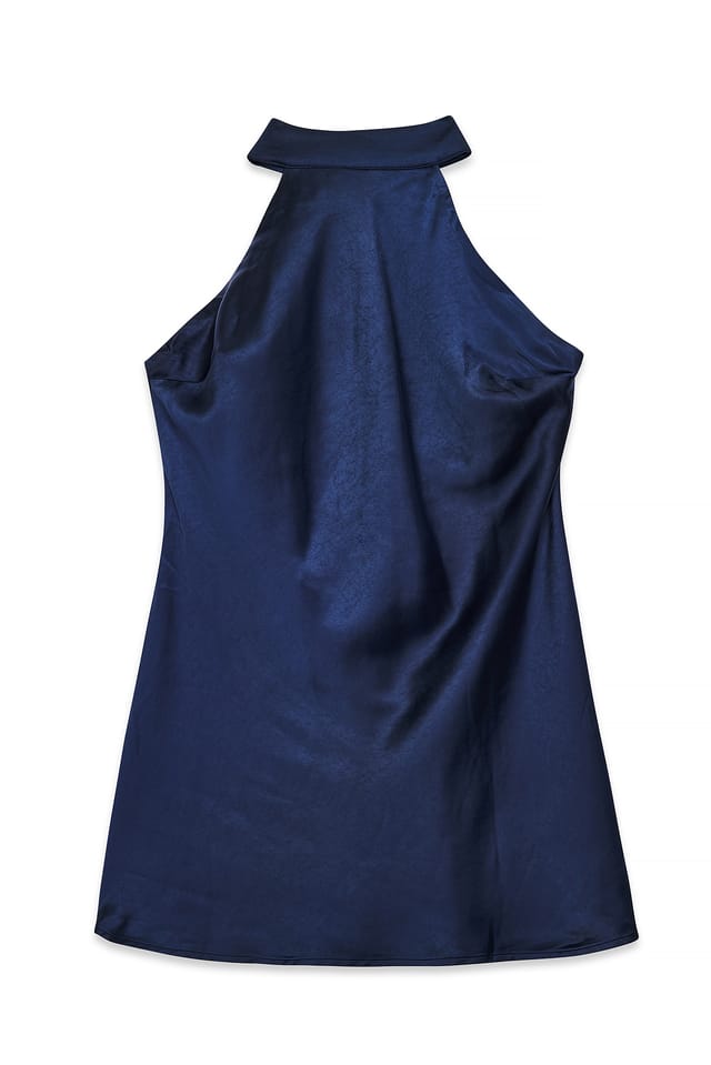 Navy Minikleid aus gehämmertem Satin mit Schnürung am Rücken