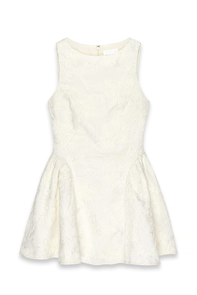 Cream Jacquard-Minikleid mit Pailletten, Rüschen und Taillenraffung
