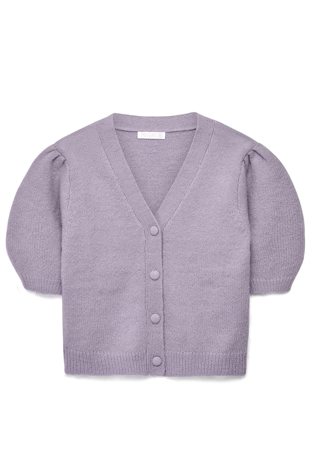 Lilac Knitted Puff Sleeve Wool Blend Cardigan