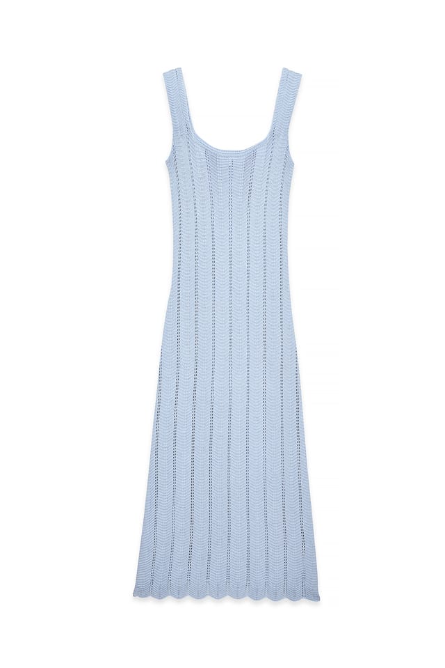 Dusty Blue Strick-Midikleid mit fließendem Fall