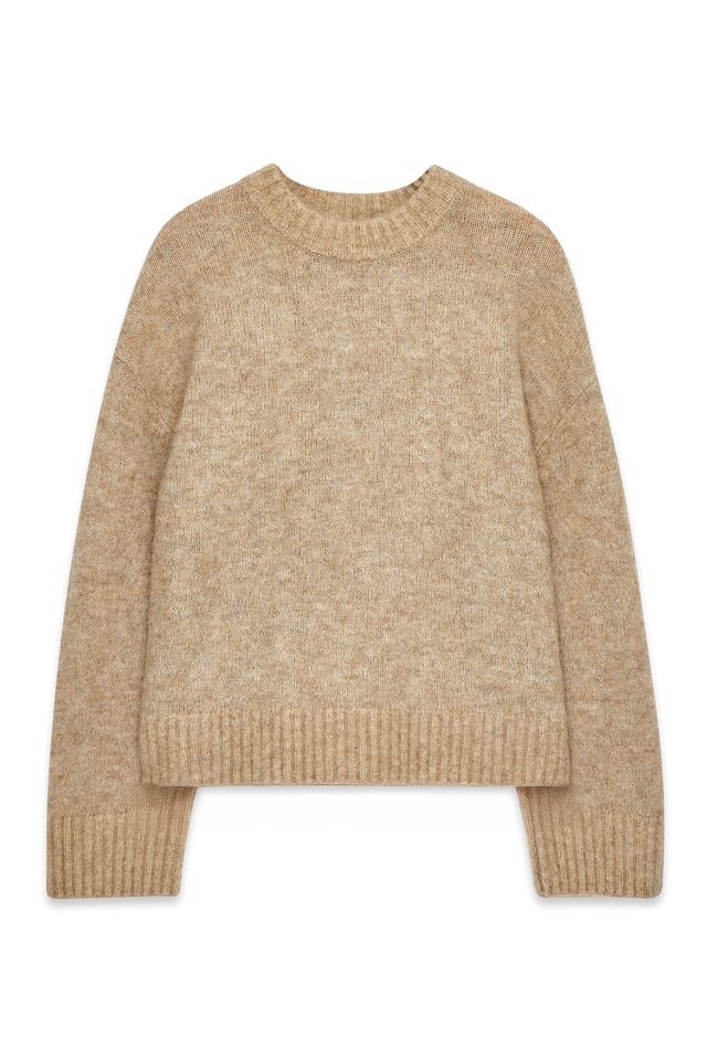 Beige Strickpullover aus Mohairmischung mit Rundhalsausschnitt