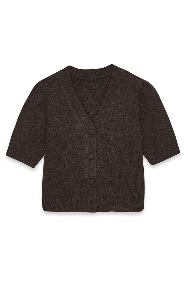 Brown Knitted Puff Sleeve Wool Blend Cardigan