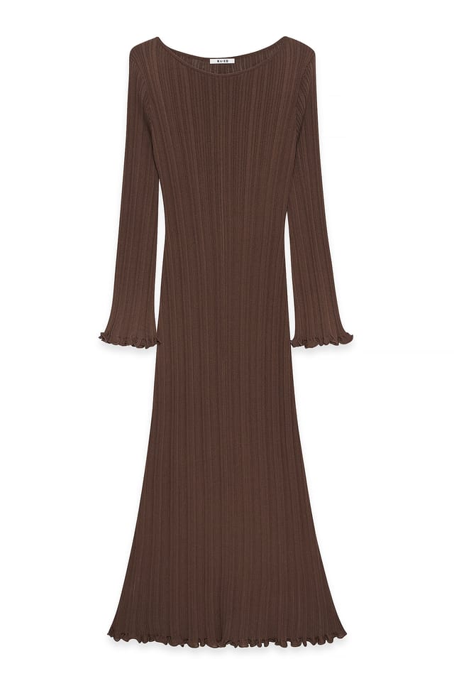 Brown Strick-Maxikleid mit Rüschen und Rundhalsausschnitt