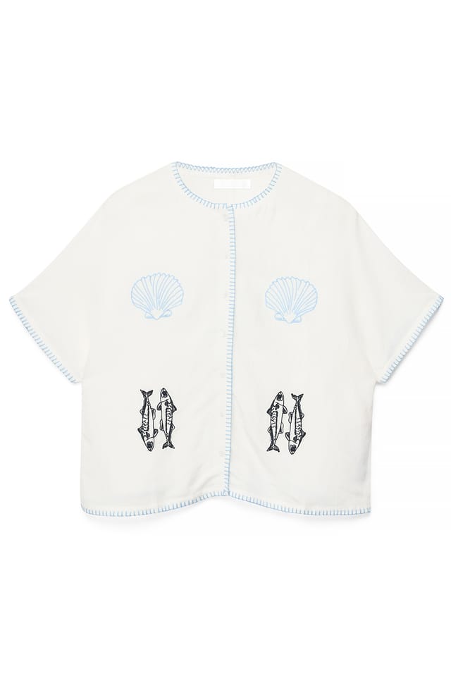 Offwhite Kort bluse i linblanding med broderi