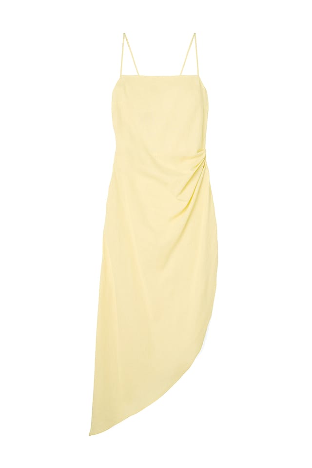 Yellow Asymmetrisches Midikleid mit offenem Rücken aus Leinen-Mix