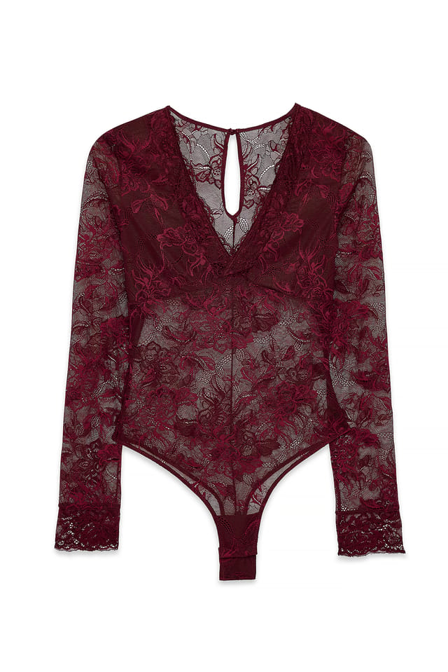Burgundy Langärmeliger Spitzen-Bodysuit